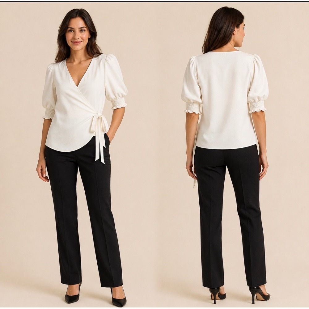 Cinq à Sept Andra Ivory Wrap Blouse Puff Sleeve Tie Top NWT Size S $275